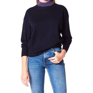 SANDRO PARIS Dark Blue Wool Blend Sweater with Purple Metallic Mock Neck